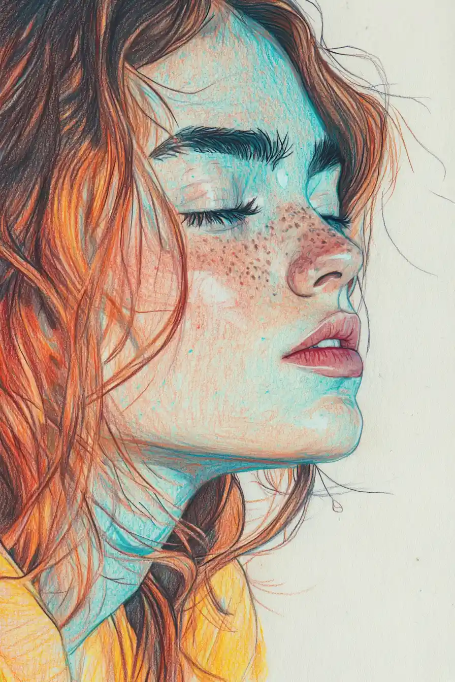 Melancholic girl portrait in colored pencil illustration