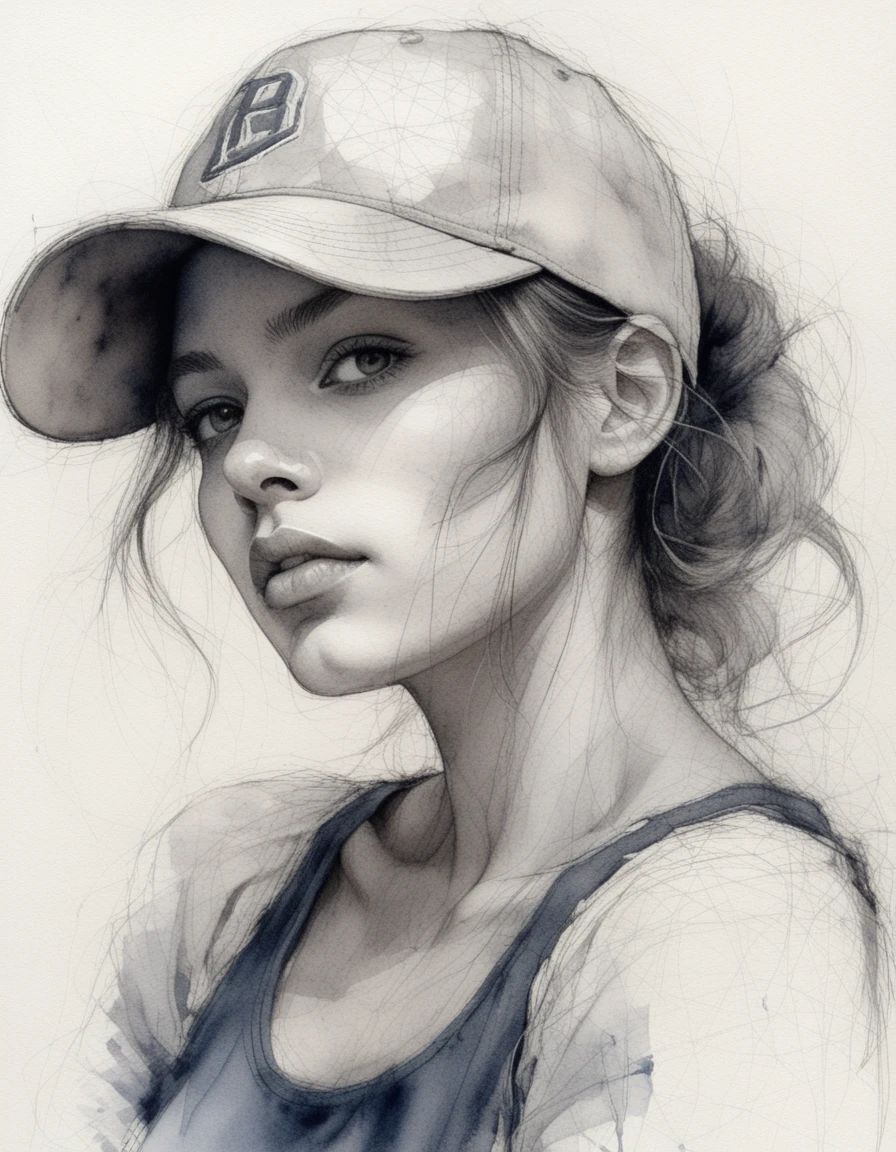 Close up ink scribble portrait of a young woman