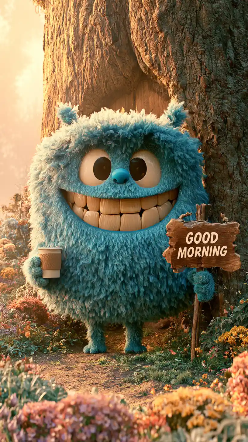 Tiny blue furry creature smiling in a sunrise forest