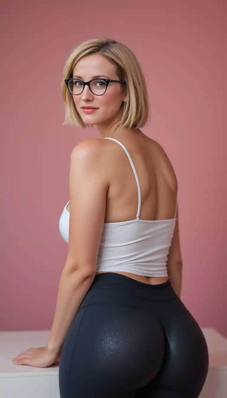 Blonde woman in glasses leaning forward on table
