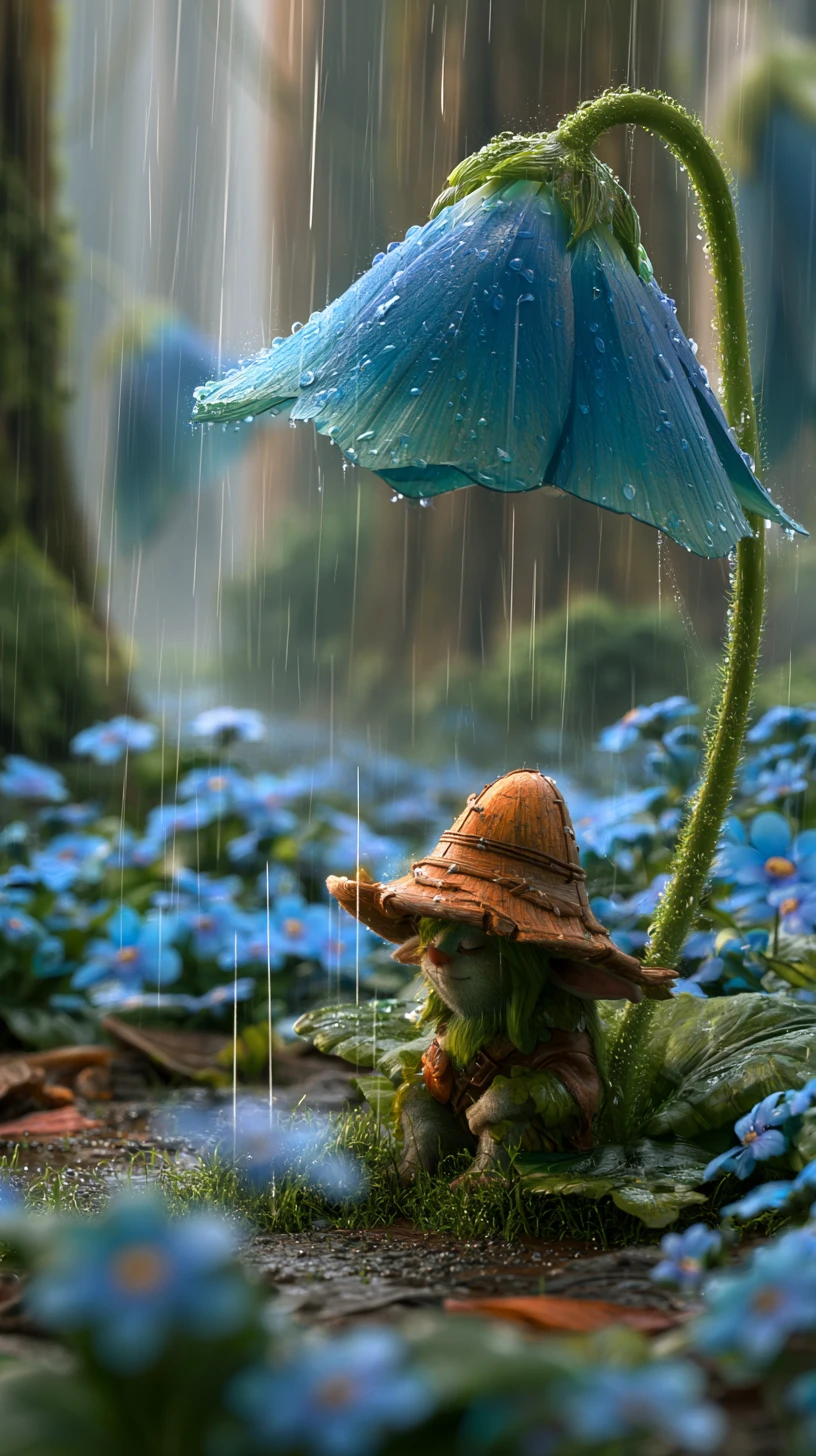 Winzige Fantasiekreatur unter einer blauen Blume