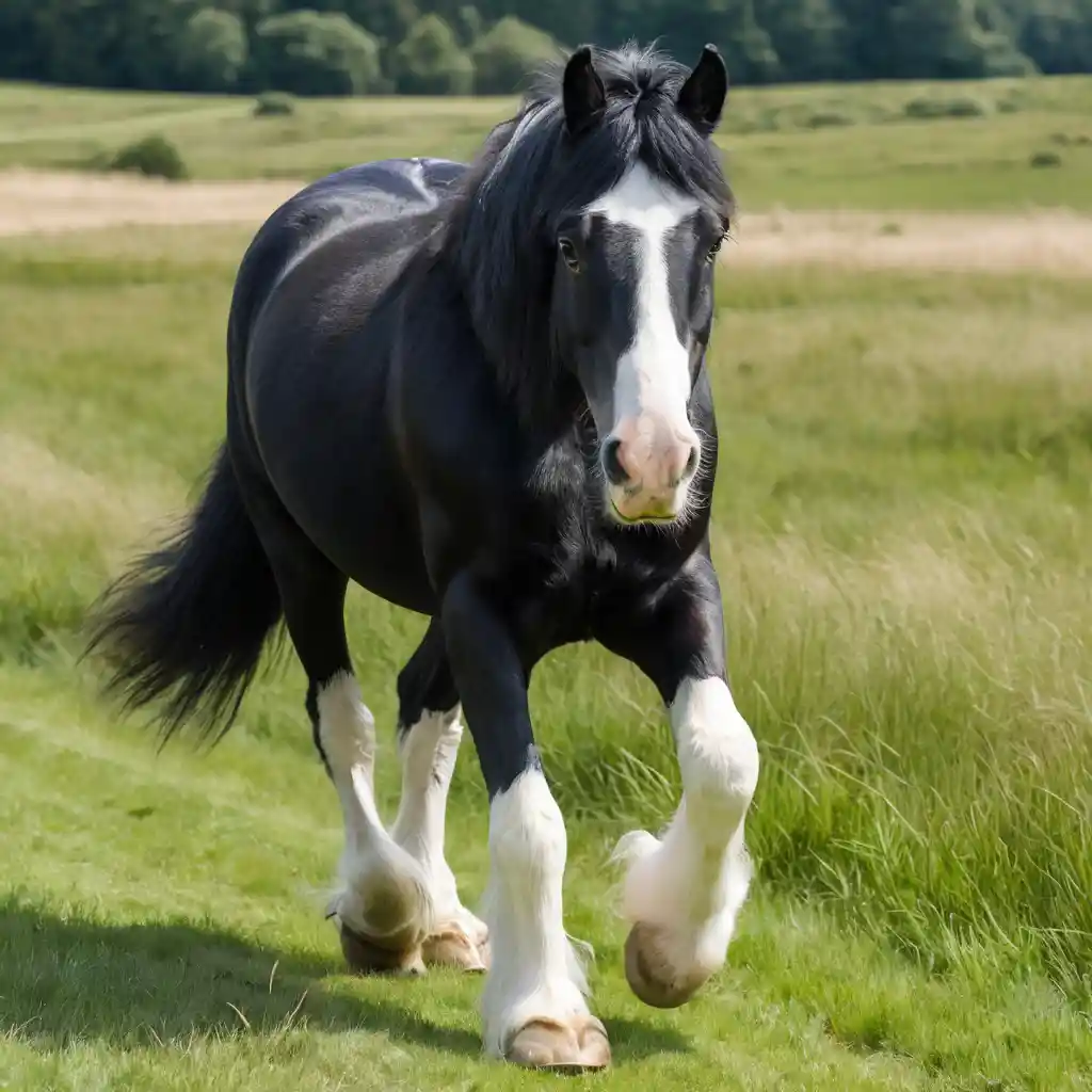 Black and white horse trotting through a grassy field