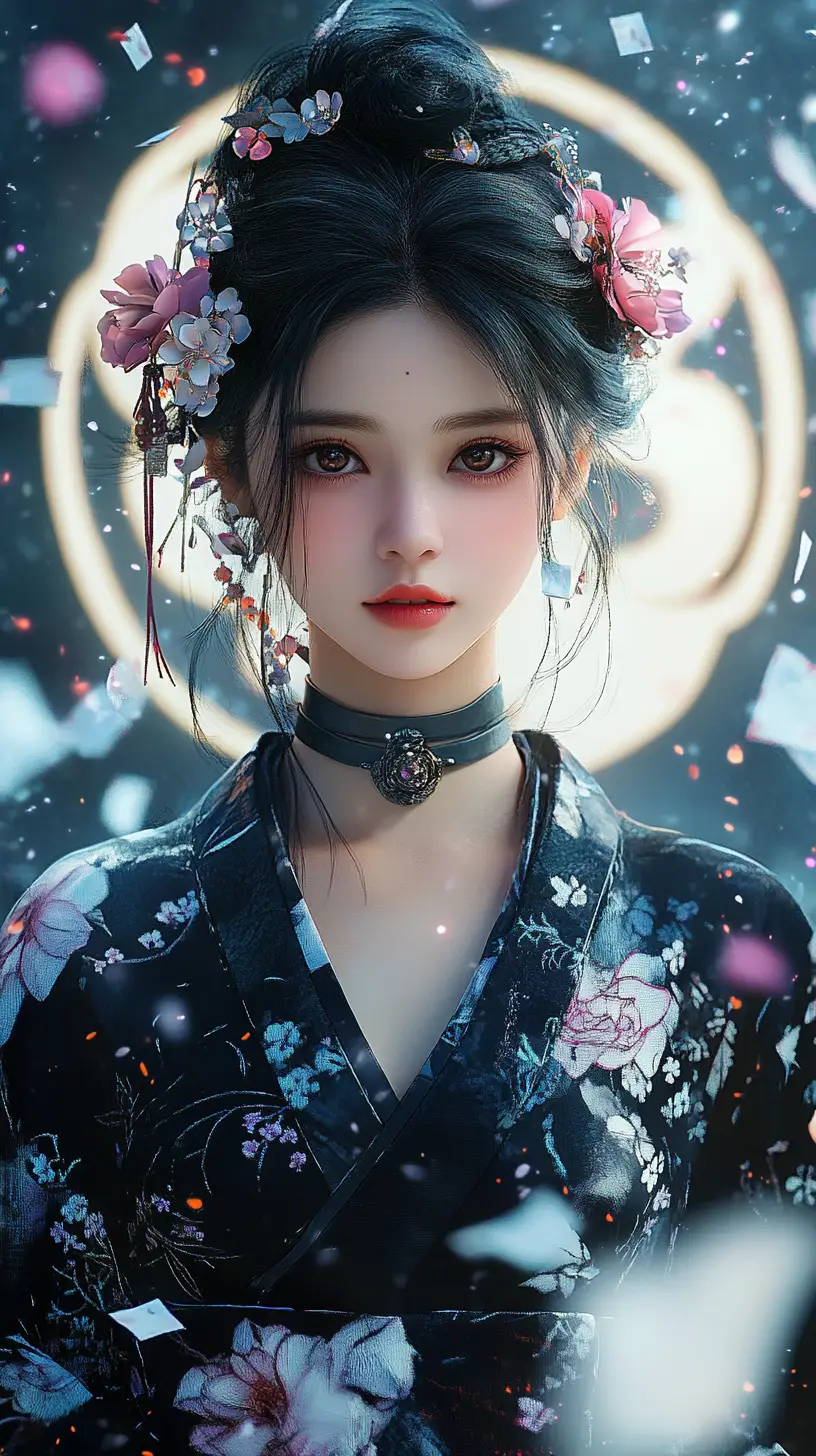 Femme d’anime mystique dans une aura de talisman yin yang