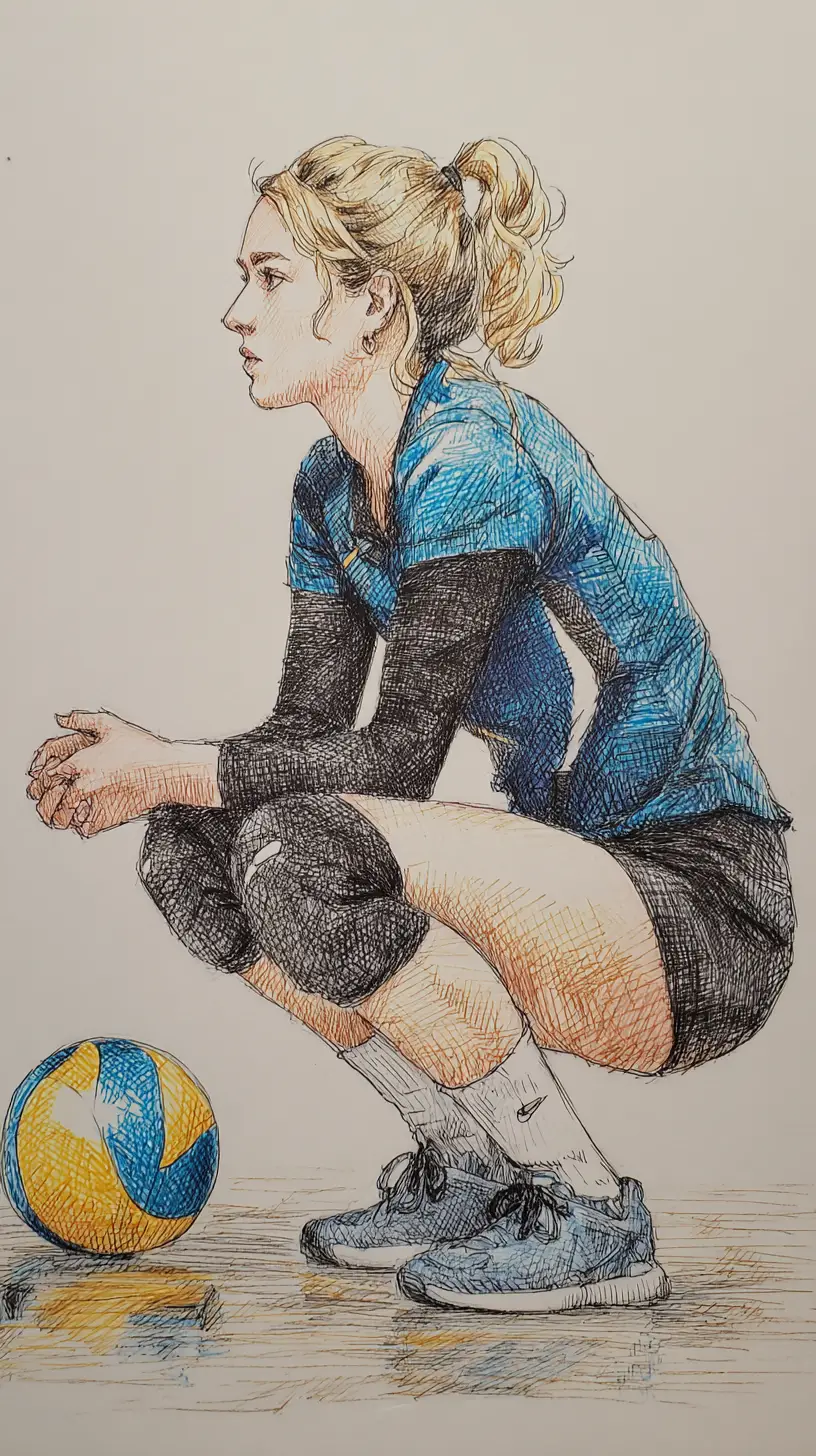 Defensive volleyball player sketch on textured drawing paper