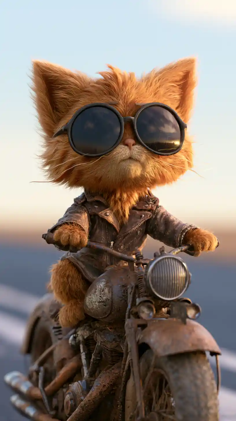 Cool kitten on vintage motorcycle in leather jacket