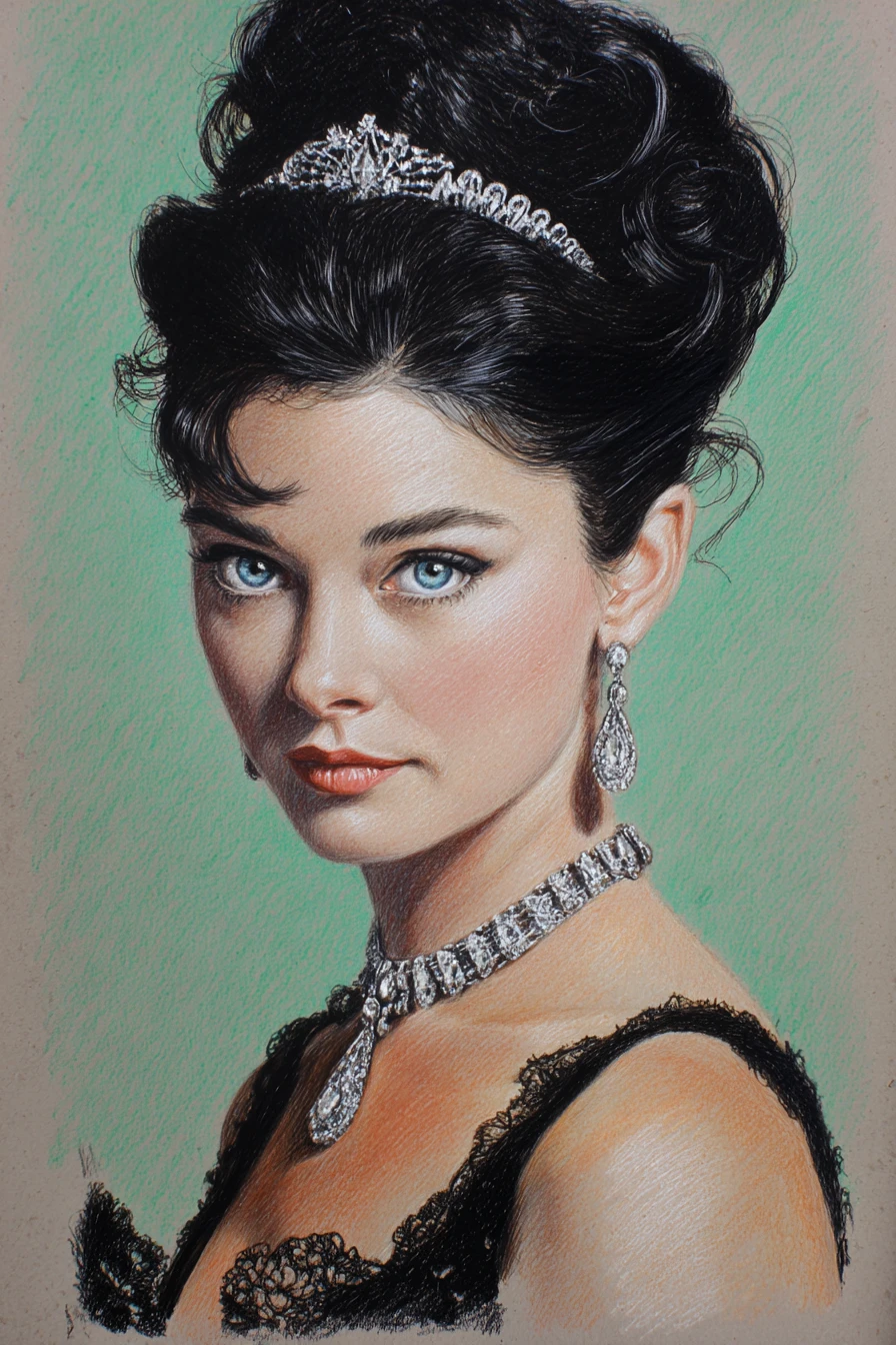 Retrato de mulher elegante em lápis de cor sobre fundo verde