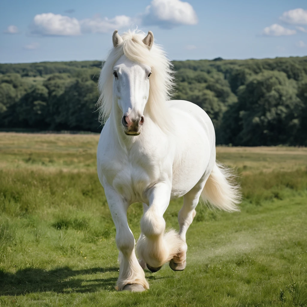 Cavalo shire branco trotando em campo gramado ensolarado