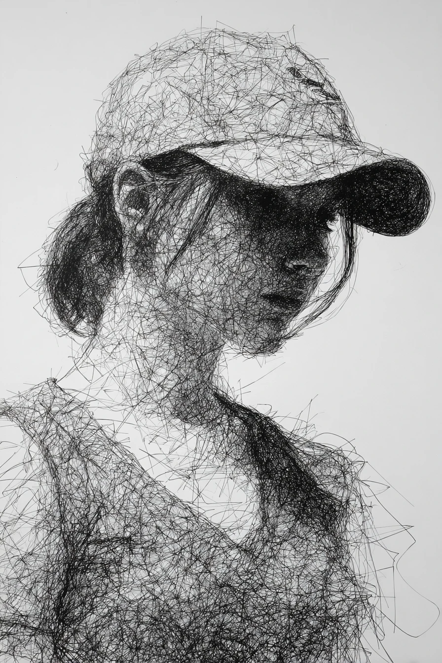 Close up ink scribble portrait of a young woman
