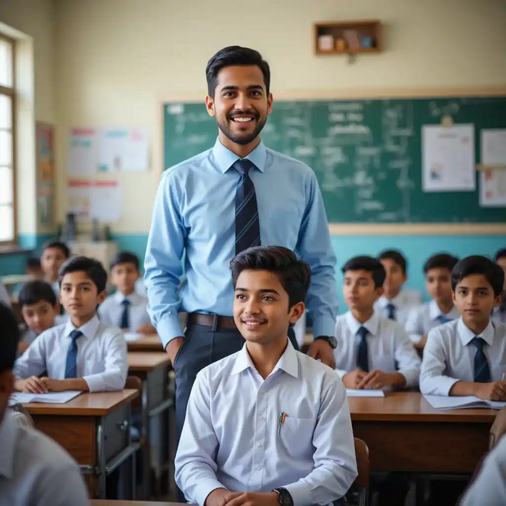 Pakistani school teacher teaching boy in bright classroom