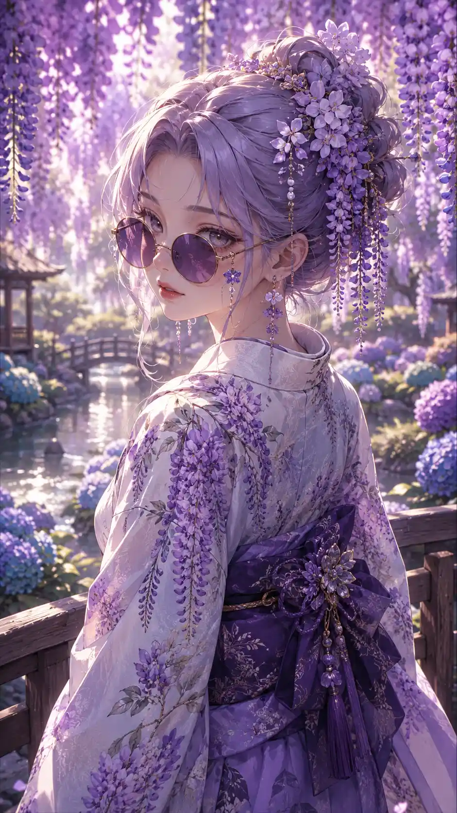 Anime girl on a wooden bridge in wisteria garden