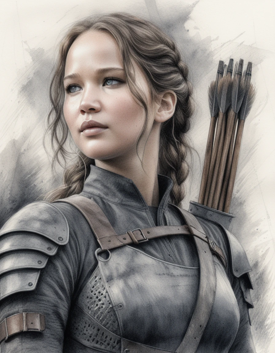Pencil portrait of a determined armored archer woman