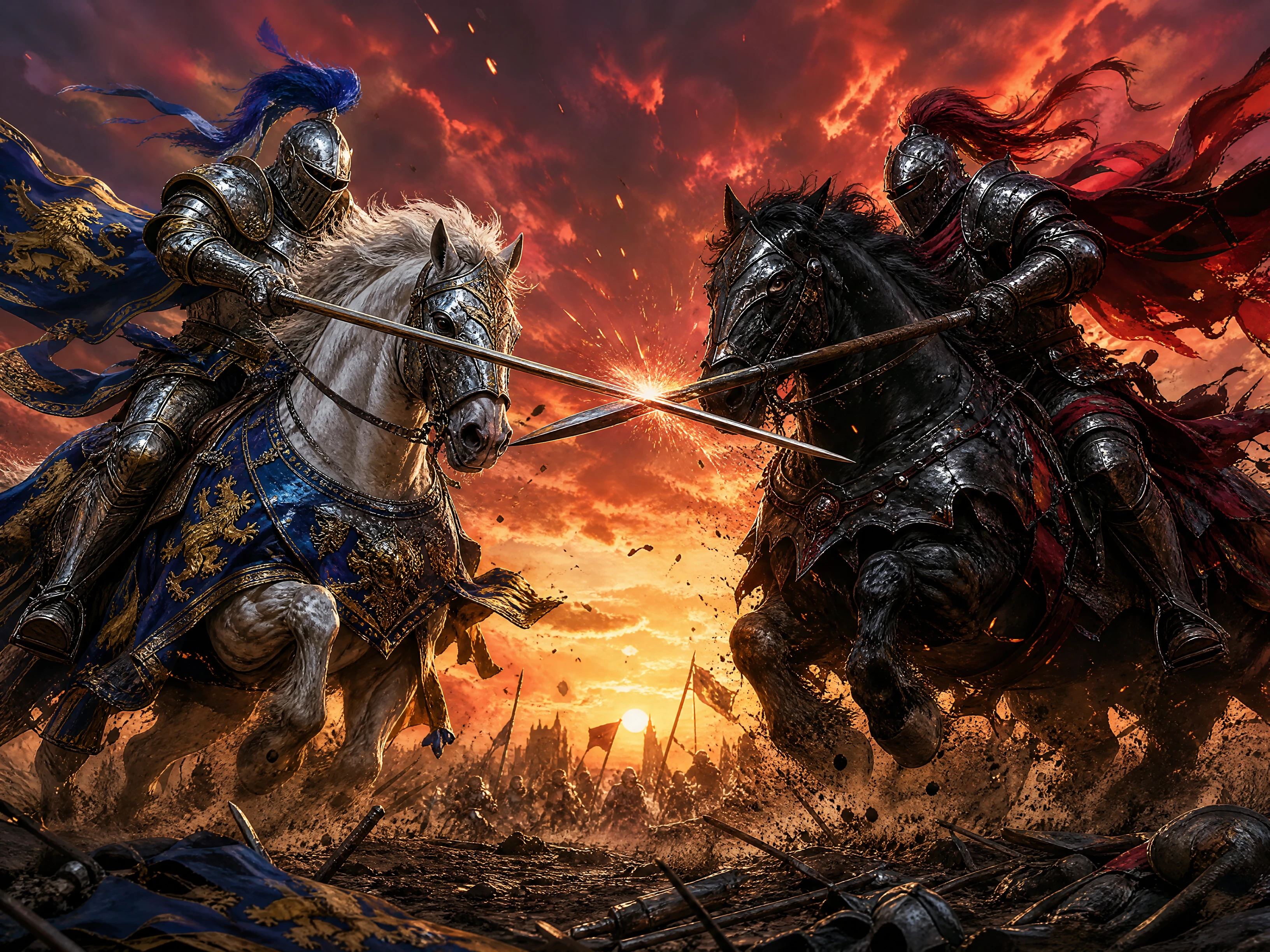 Armored knights clash on a sunlit war torn battlefield