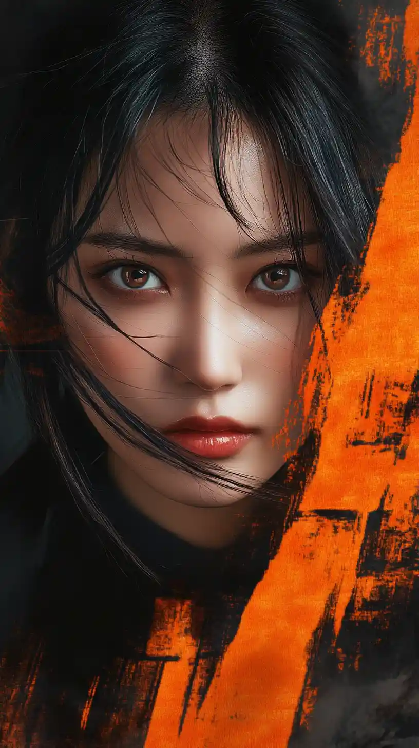 Intense portrait of an East Asian woman with orange accents