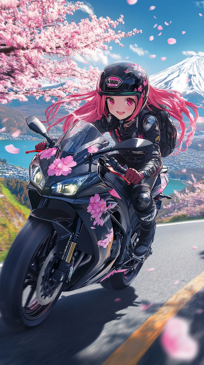 Anime biker girl riding along a cherry blossom mountain road