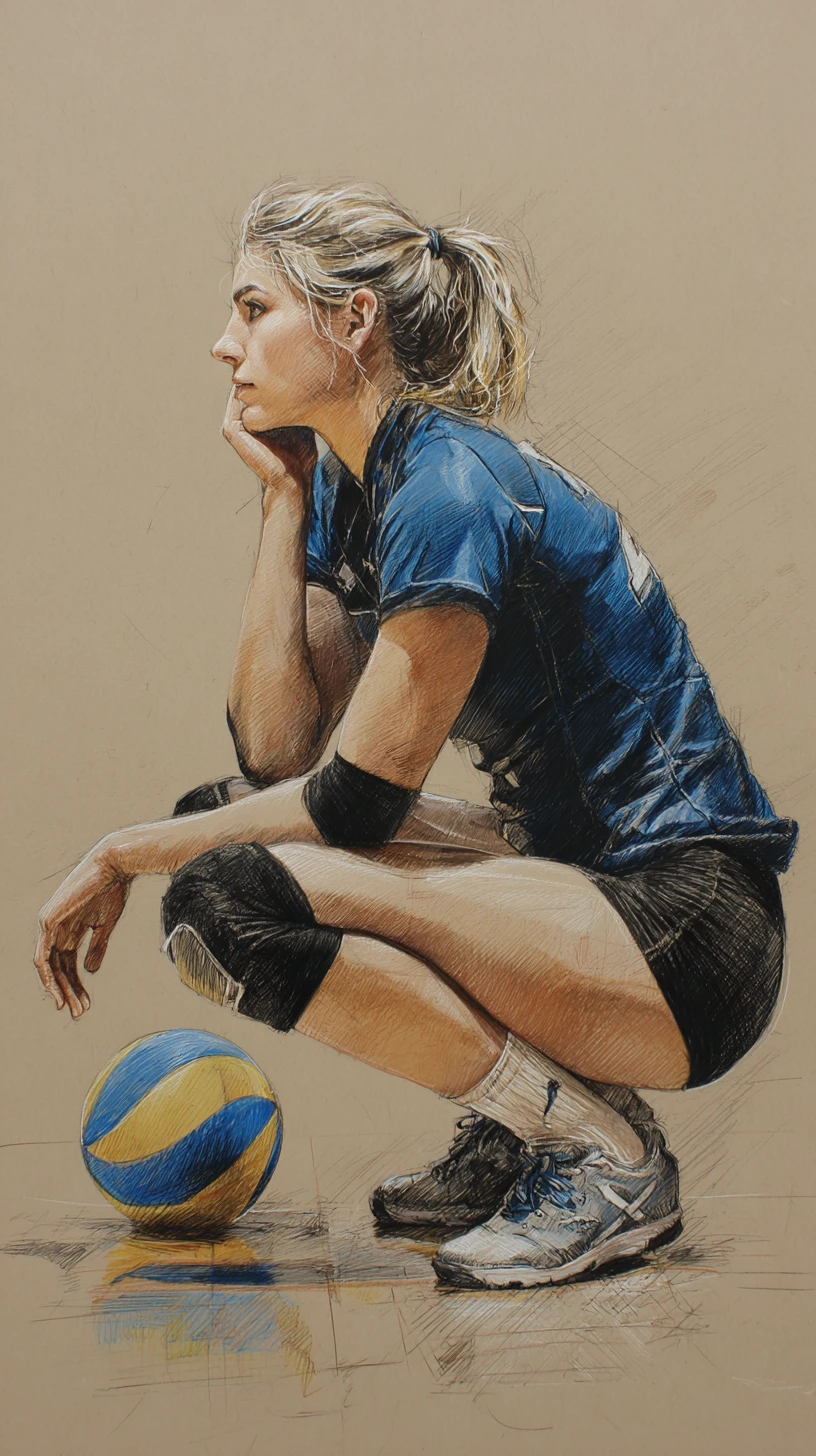 Defensive volleyball player sketch on indoor court