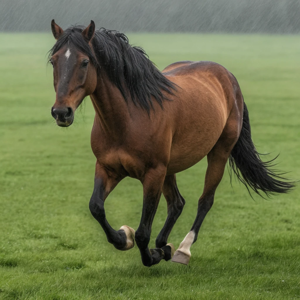Brown horse trotting through a rainy grassy field