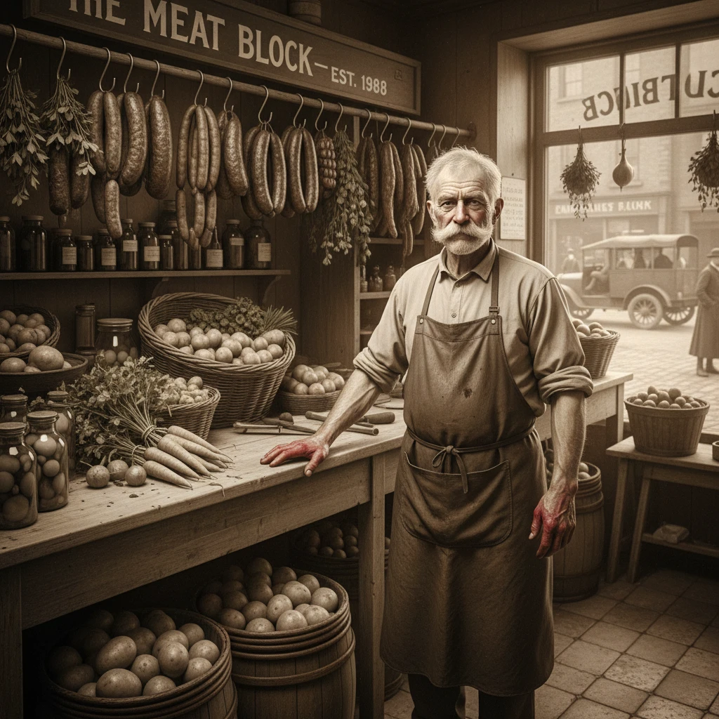 Un fiero macellaio dietro il suo bancone in una bottega del 1918