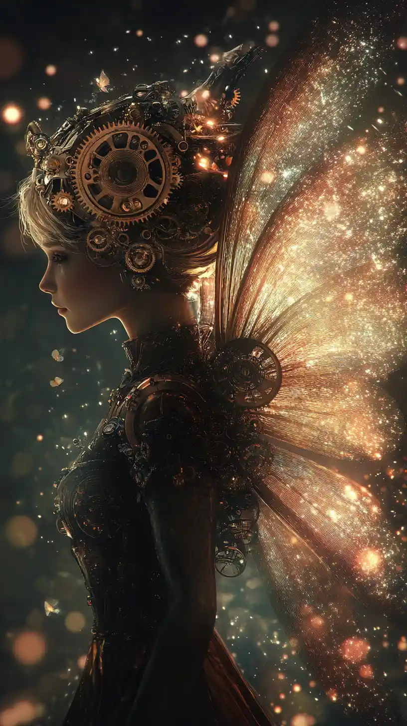 Steampunk fairy in profile with glowing iridescent wings