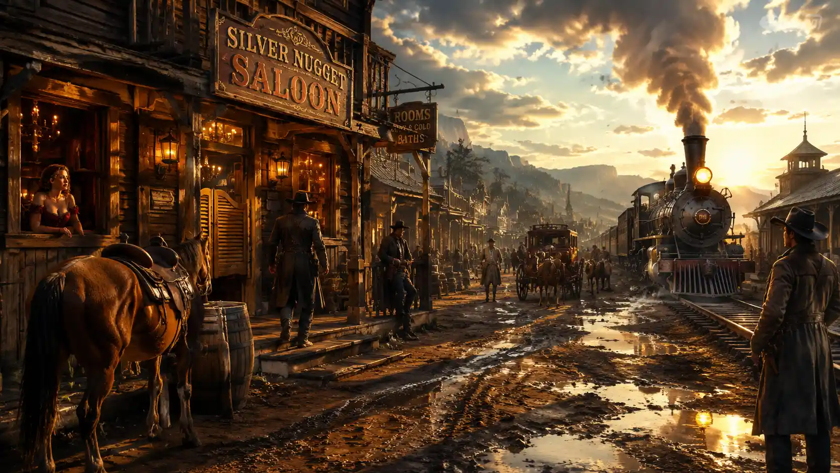 Surreal western saloon exterior with cowboys and wagon
