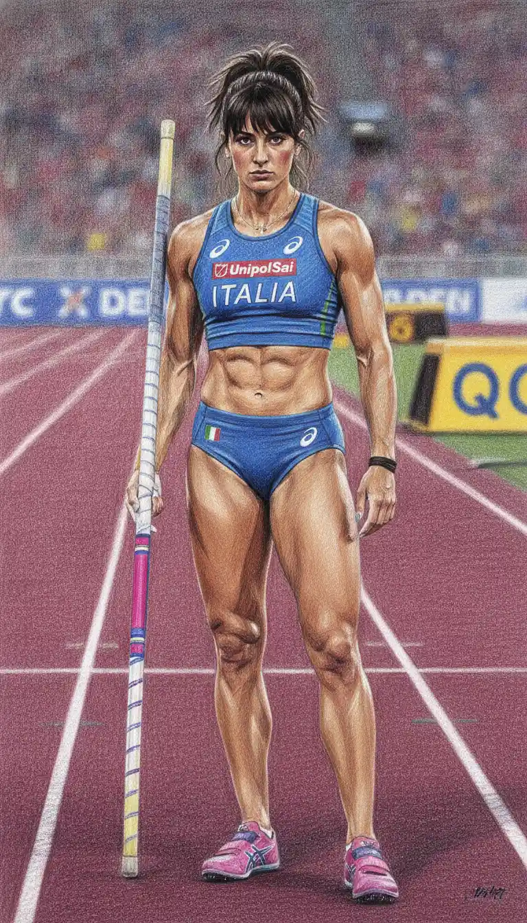 Italian pole vaulter on track in blue team uniform