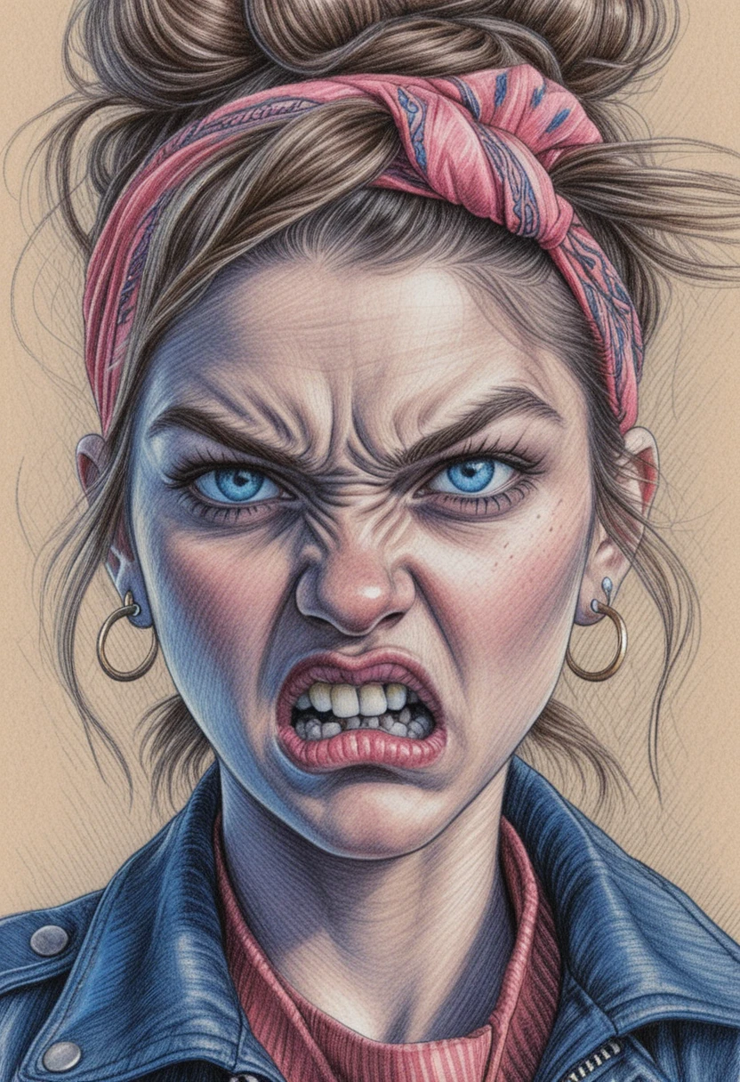 Angry girl portrait in detailed pen and pencil drawing
