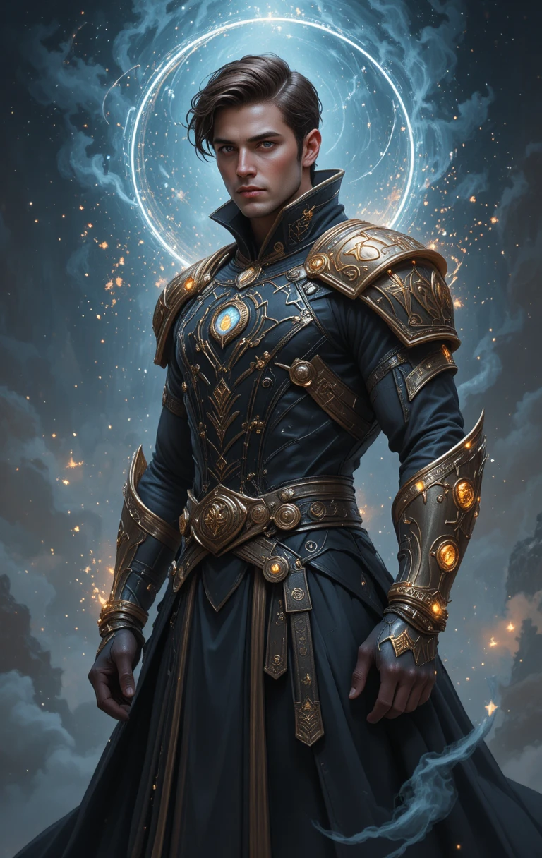 Mage forgeron d’anime avec runes lumineuses et yeux dorés
