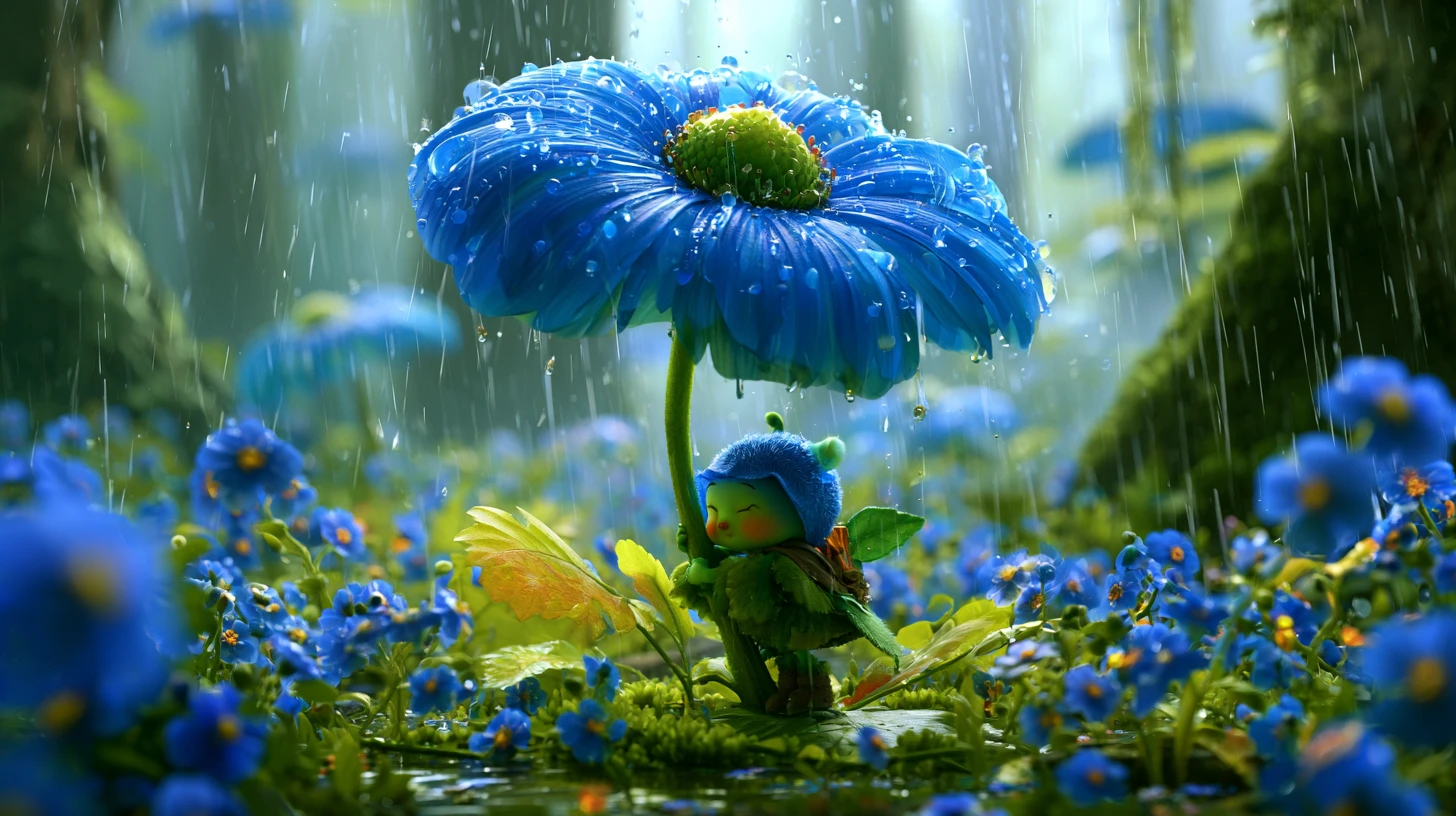 Pequeña criatura fantástica refugiándose de la lluvia bajo una flor azul