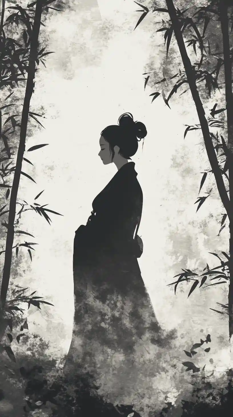 Woman in traditional dress in a misty bamboo forest