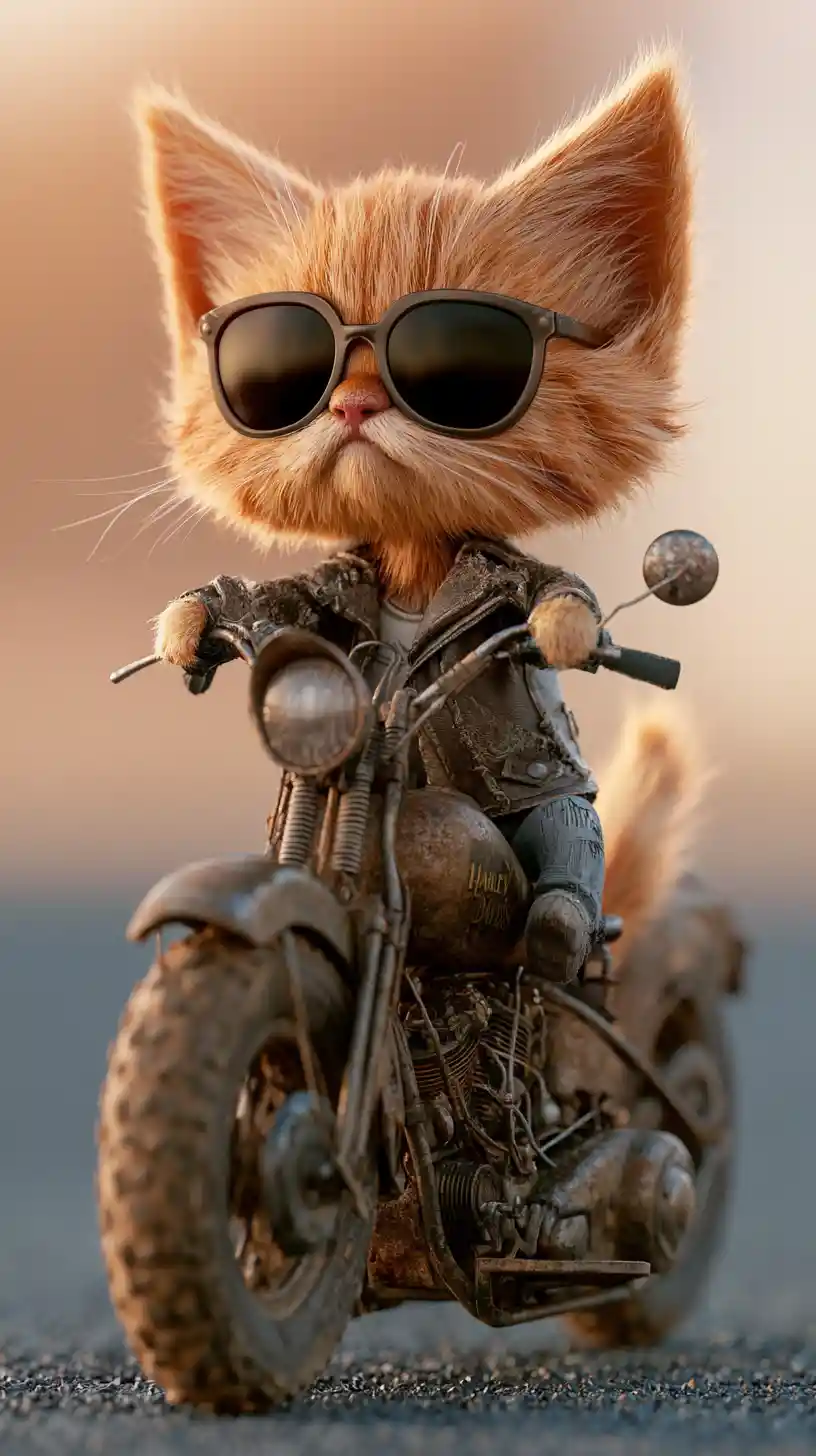 Cool orange kitten riding a vintage motorcycle
