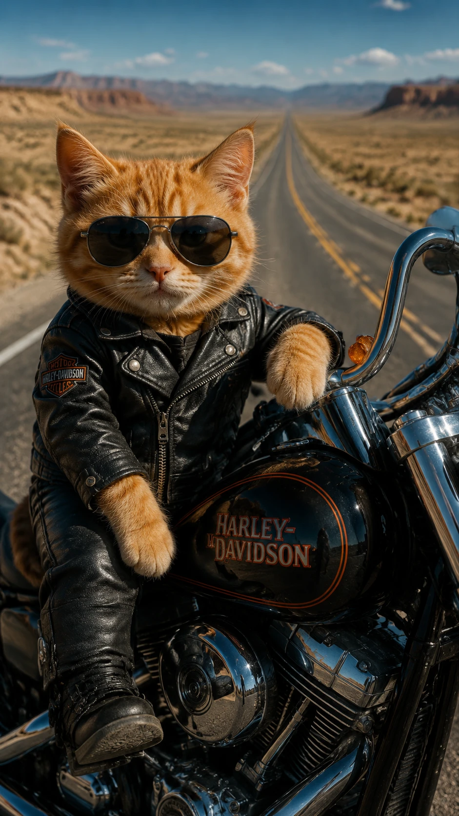 Gato motociclista laranja estiloso pilotando moto na rodovia