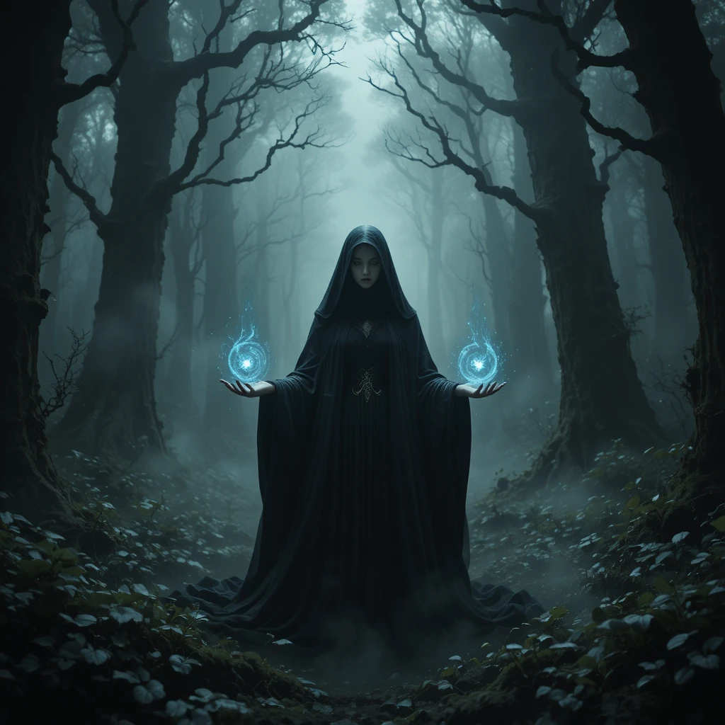 Hooded sorceress summoning shadows in misty ancient forest
