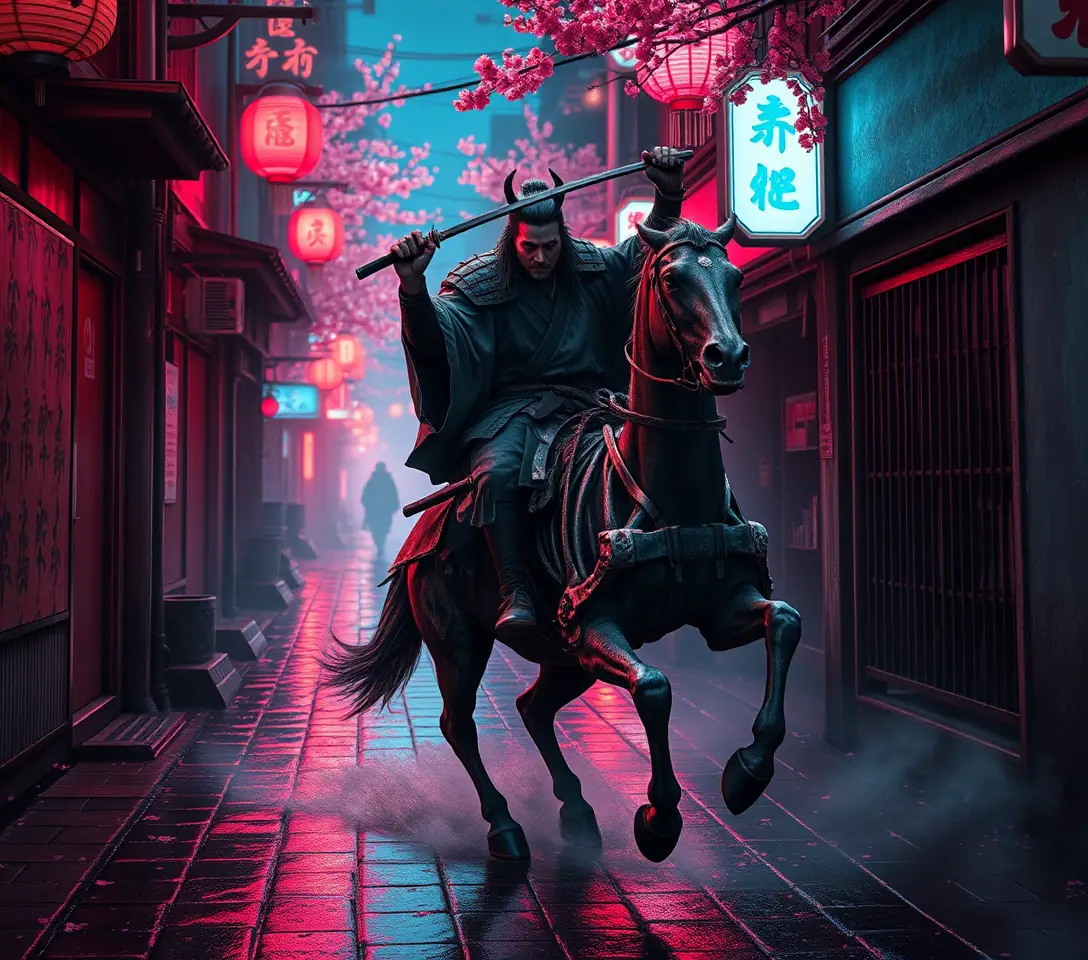 Samurai Riding Skeletal Horse In Neon Edo Alley