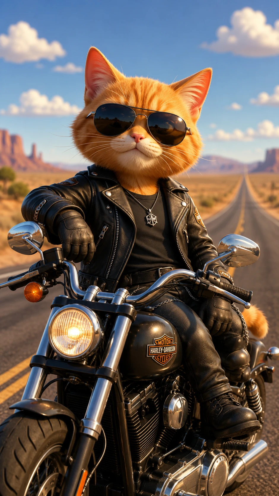 Gato motociclista laranja estiloso na estrada de moto pela rodovia