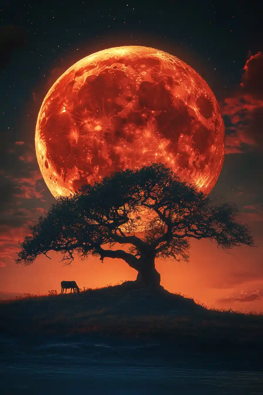 Crimson moon rising behind a twisted tree on misty hill
