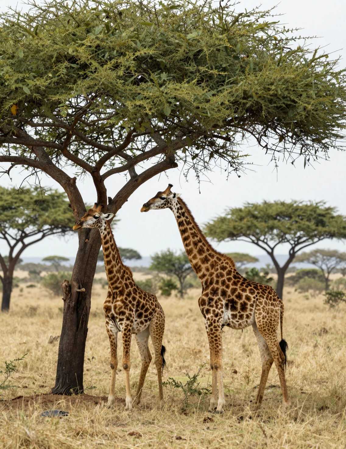 Duas girafas se alimentando de uma acácia na savana