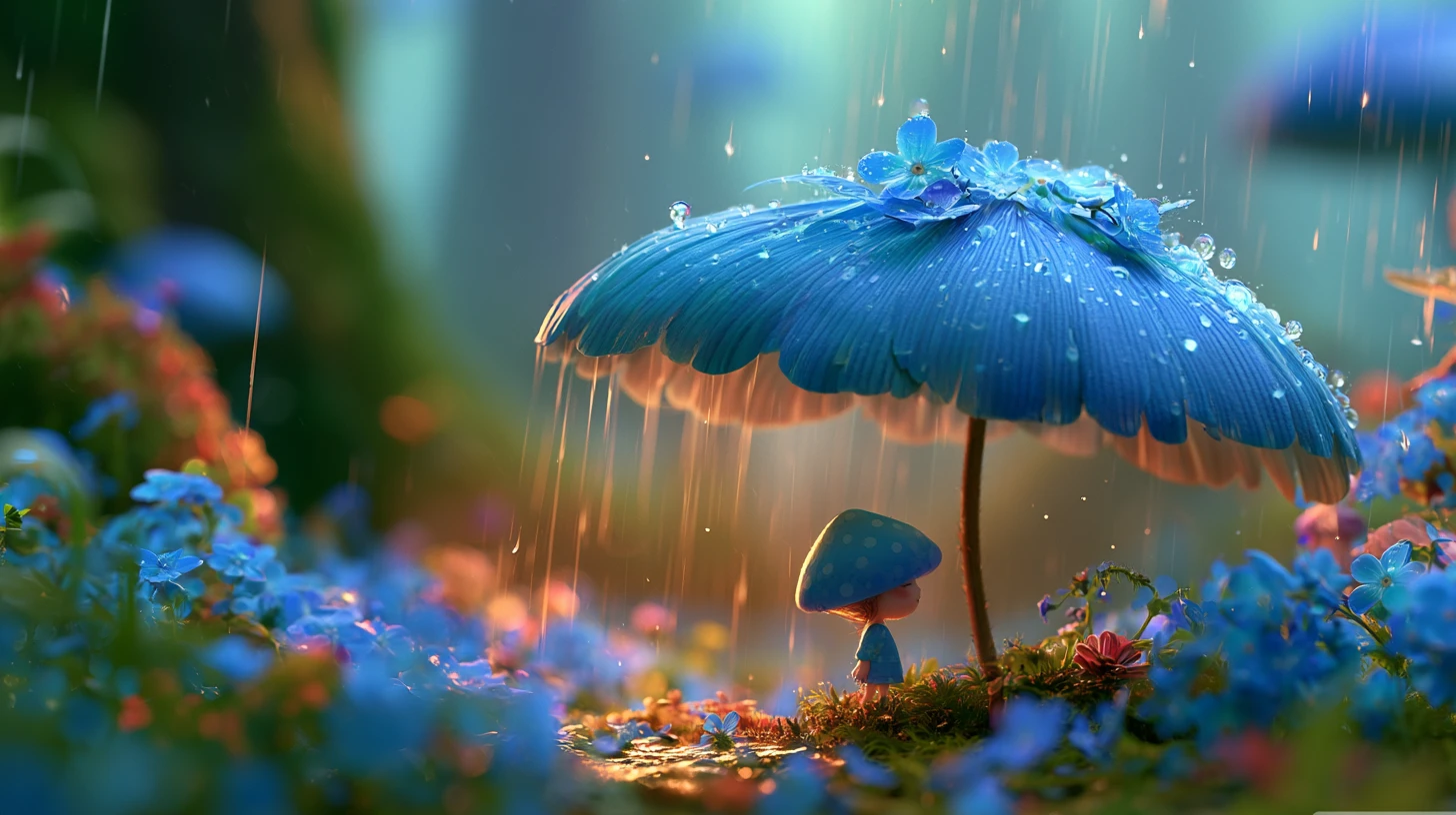 Tiny fantasy creature sheltering from rain under blue flower