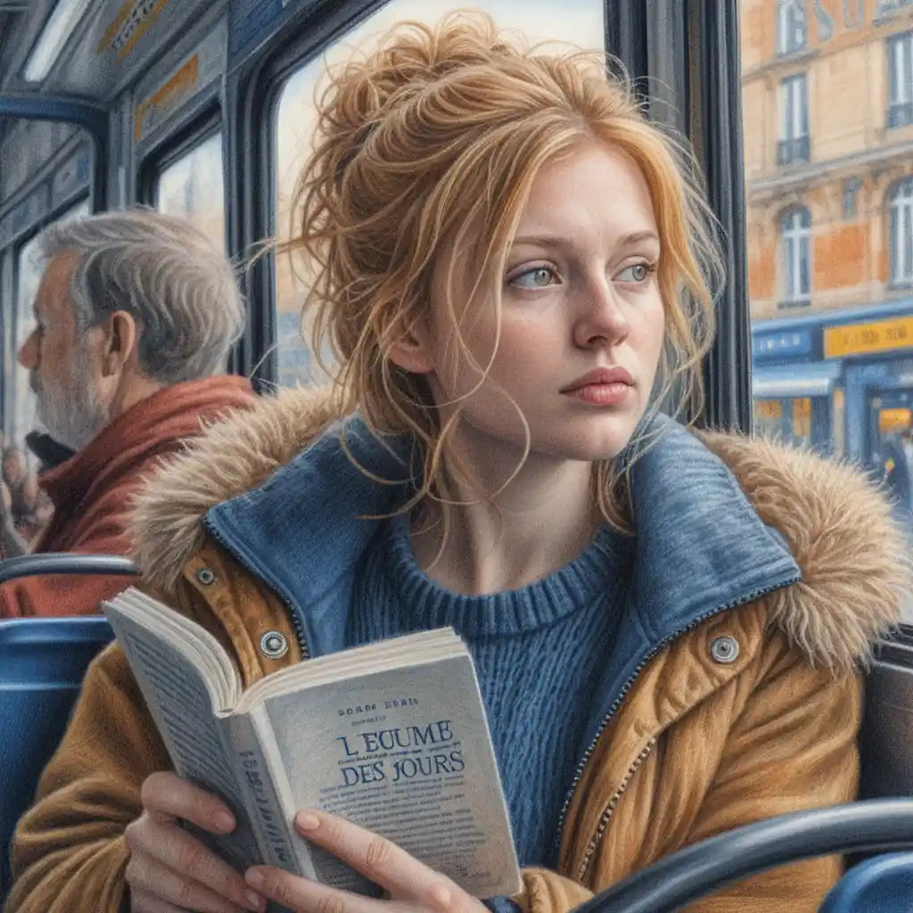 Thoughtful girl reading on a city bus
