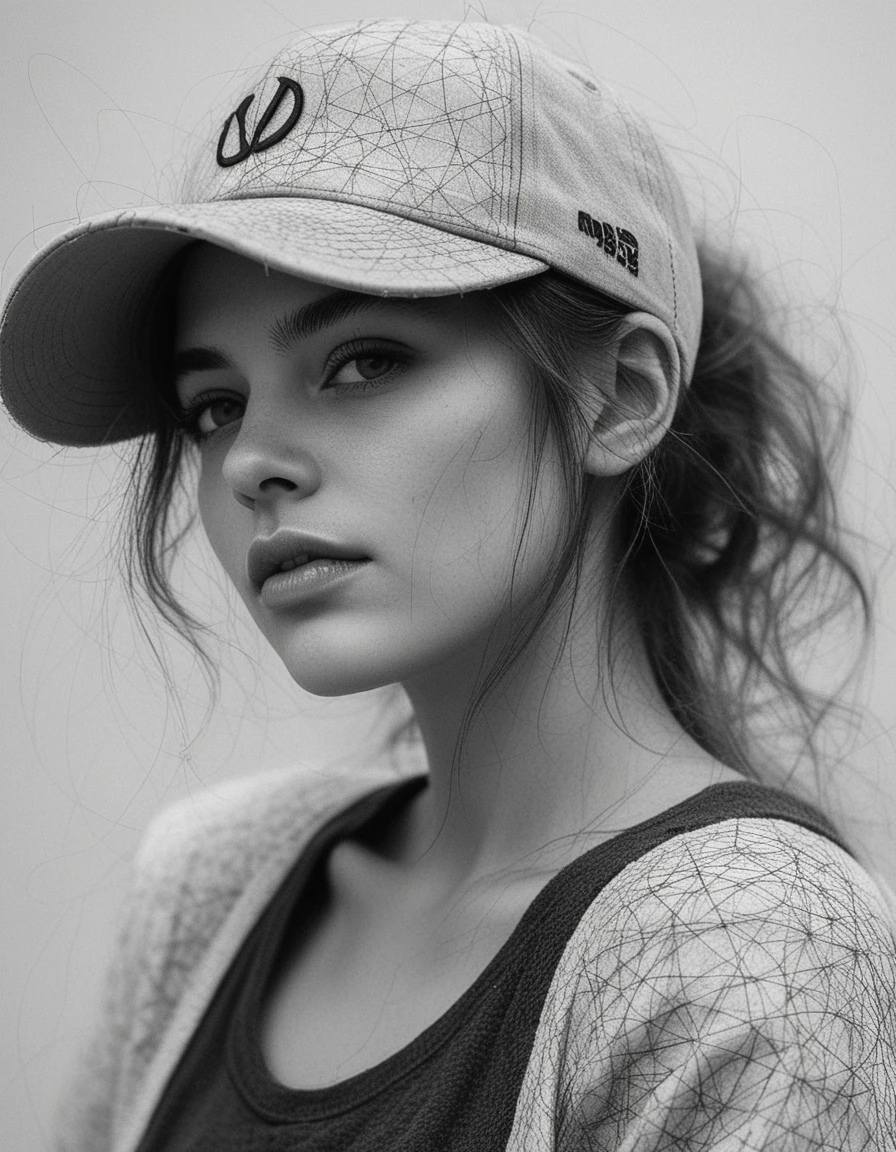 Scribbled ink portrait of a young woman in close up