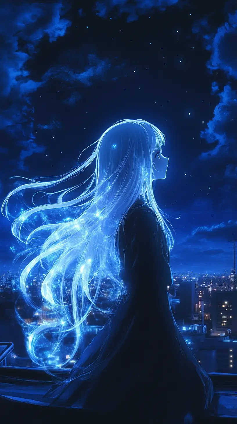 Anime girl on a night city rooftop under stars