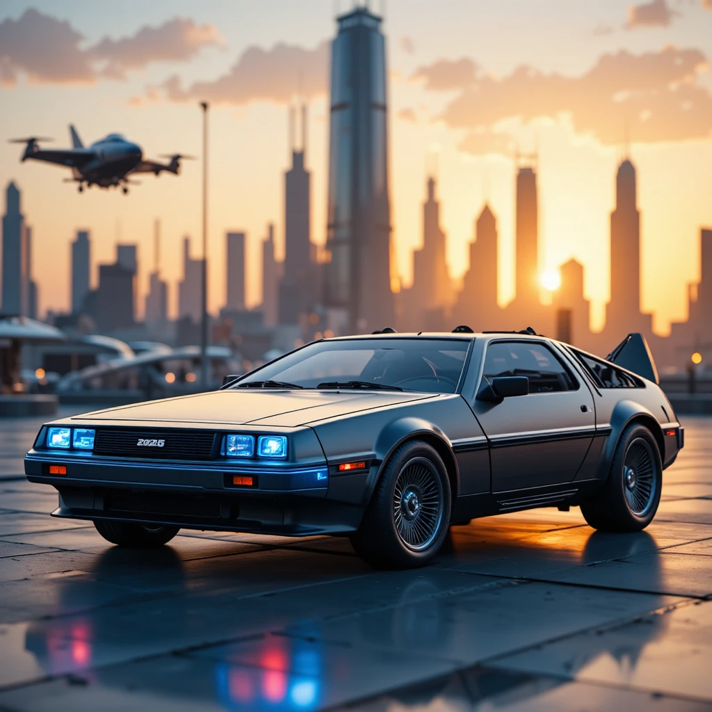 Carro esportivo futurista máquina do tempo no pôr do sol da cidade de neon