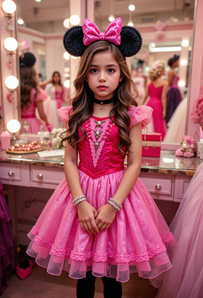 Nervous teen in pink minnie dress in boutique backroom
