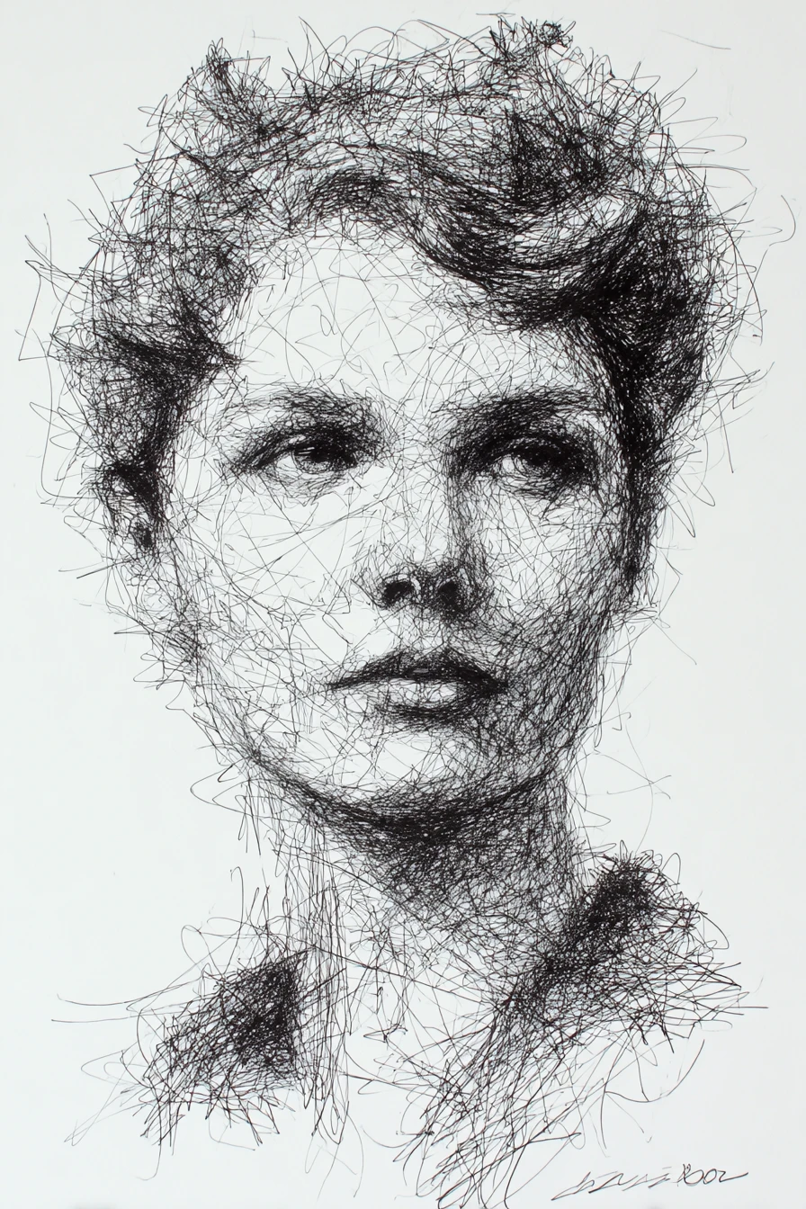 Expressive ink head and shoulders portrait with yellow glasses