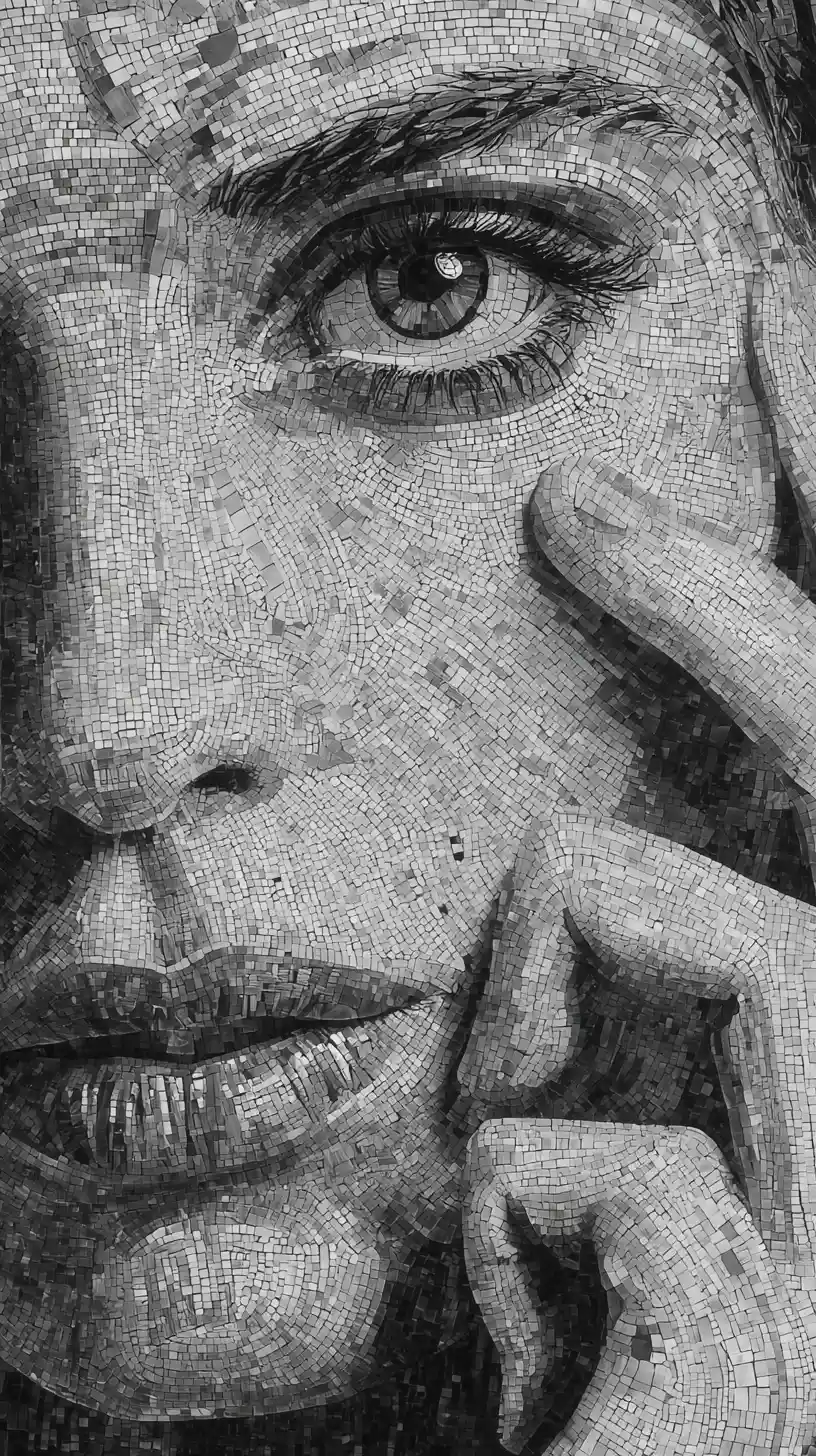 Black and white mosaic close up of a woman face