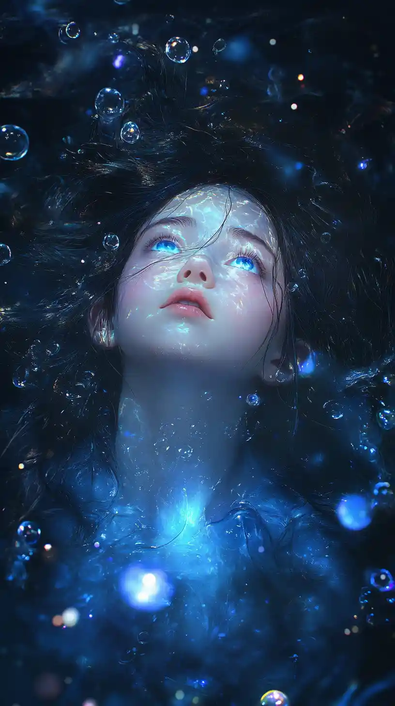 Anime girl floating in an ethereal aquatic cosmic void