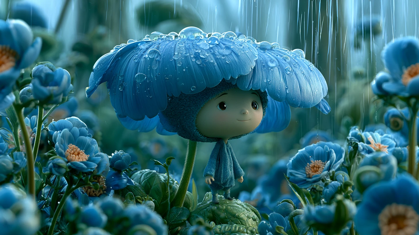 Tiny fantasy creature sheltering from rain under blue flower