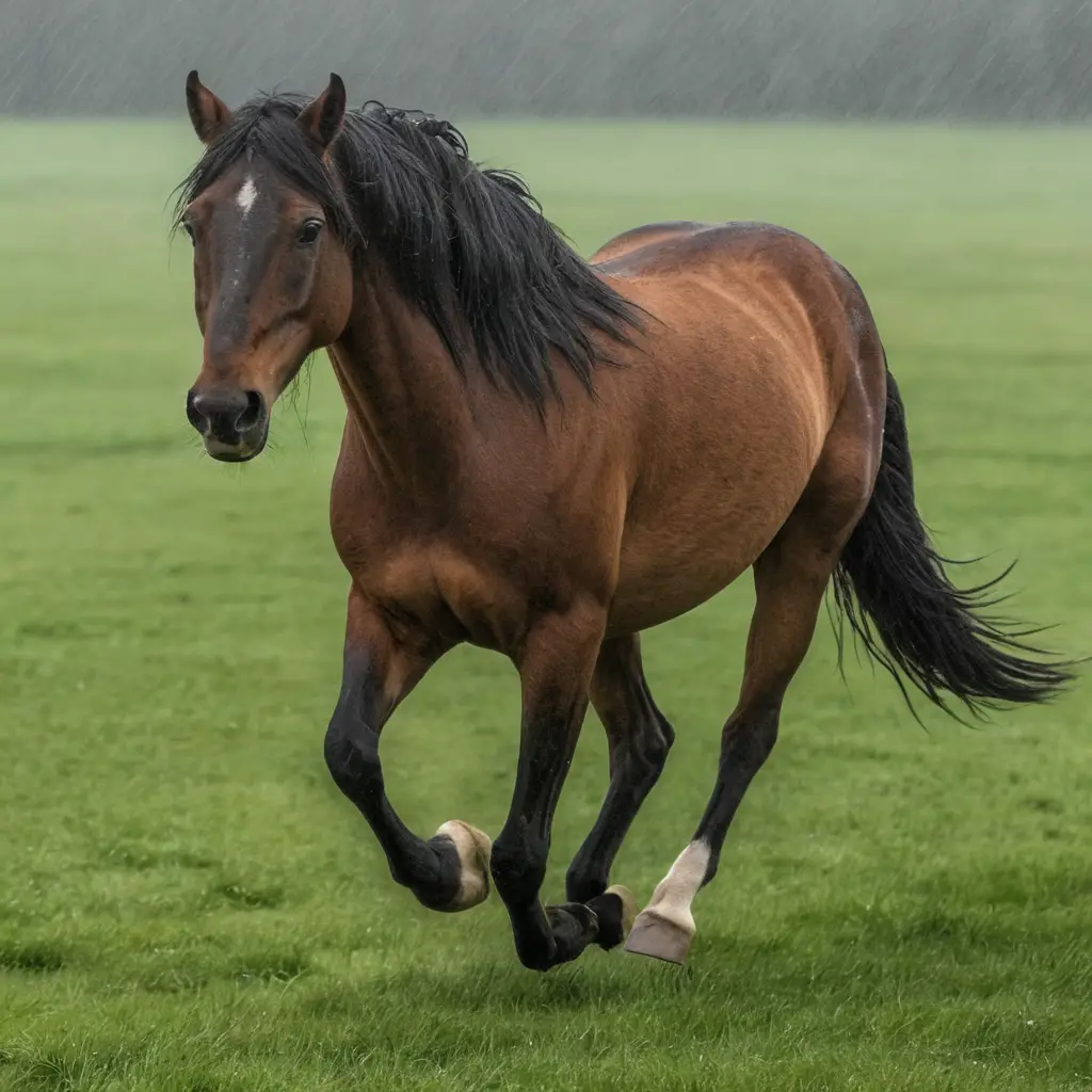 Cavallo marrone al trotto in un prato piovoso