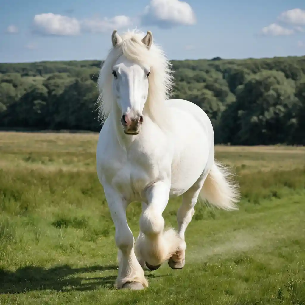 White shire horse trotting in a sunny grassy field