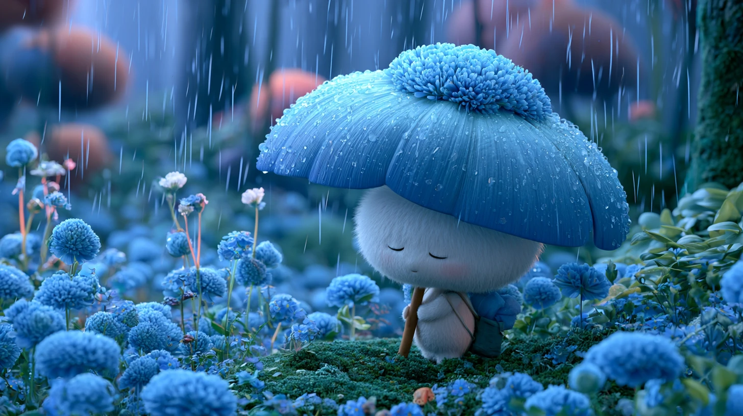Tiny fantasy creature sheltering under a blue flower