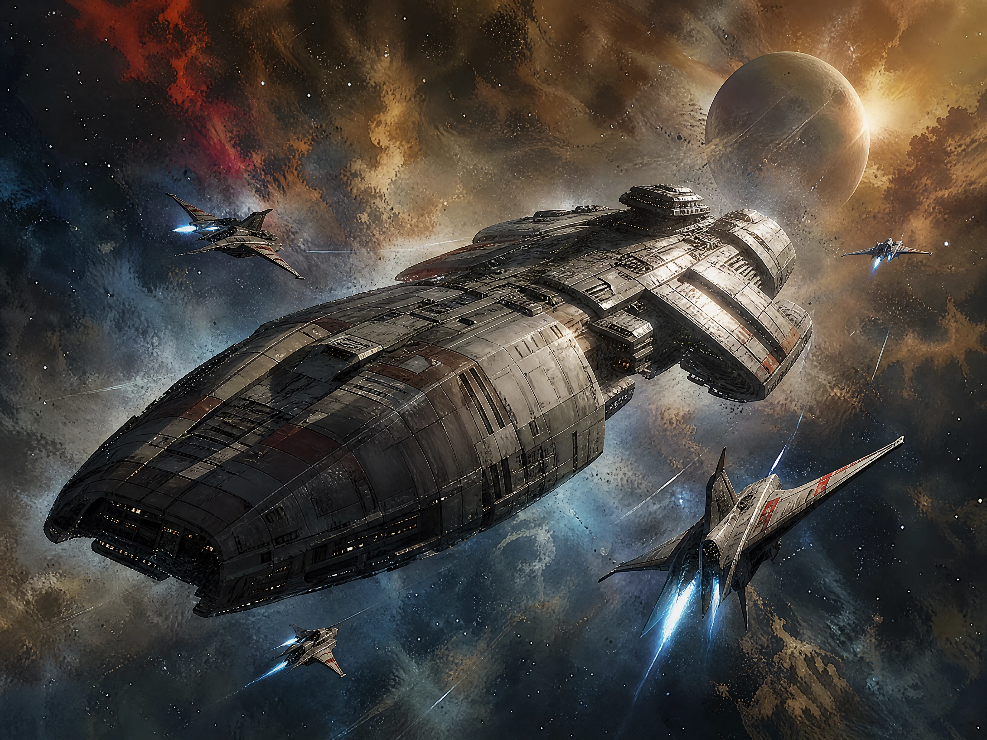 Vaisseau Battlestar avec escorte de chasseurs dans l’espace profond
