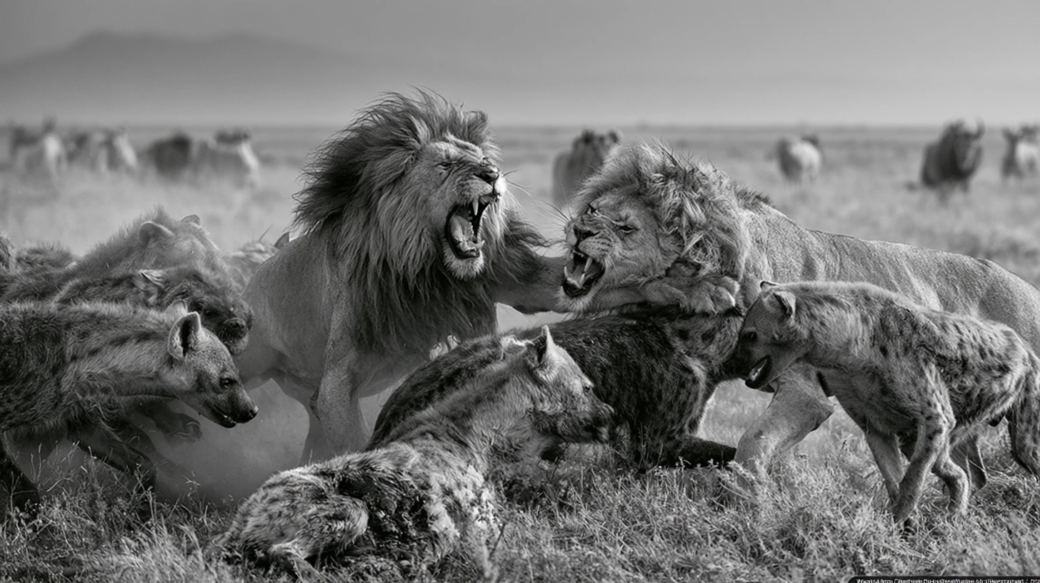 Two male lions battle a pack of hyenas on savanna
